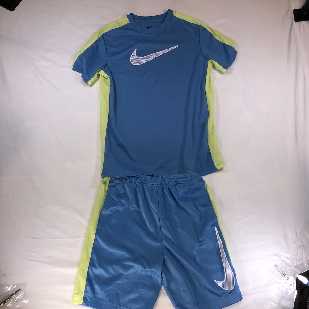 Nike Kids Dri-FIT 2-Piece Shirt and Shorts Set Blue Neon Green Size Large L